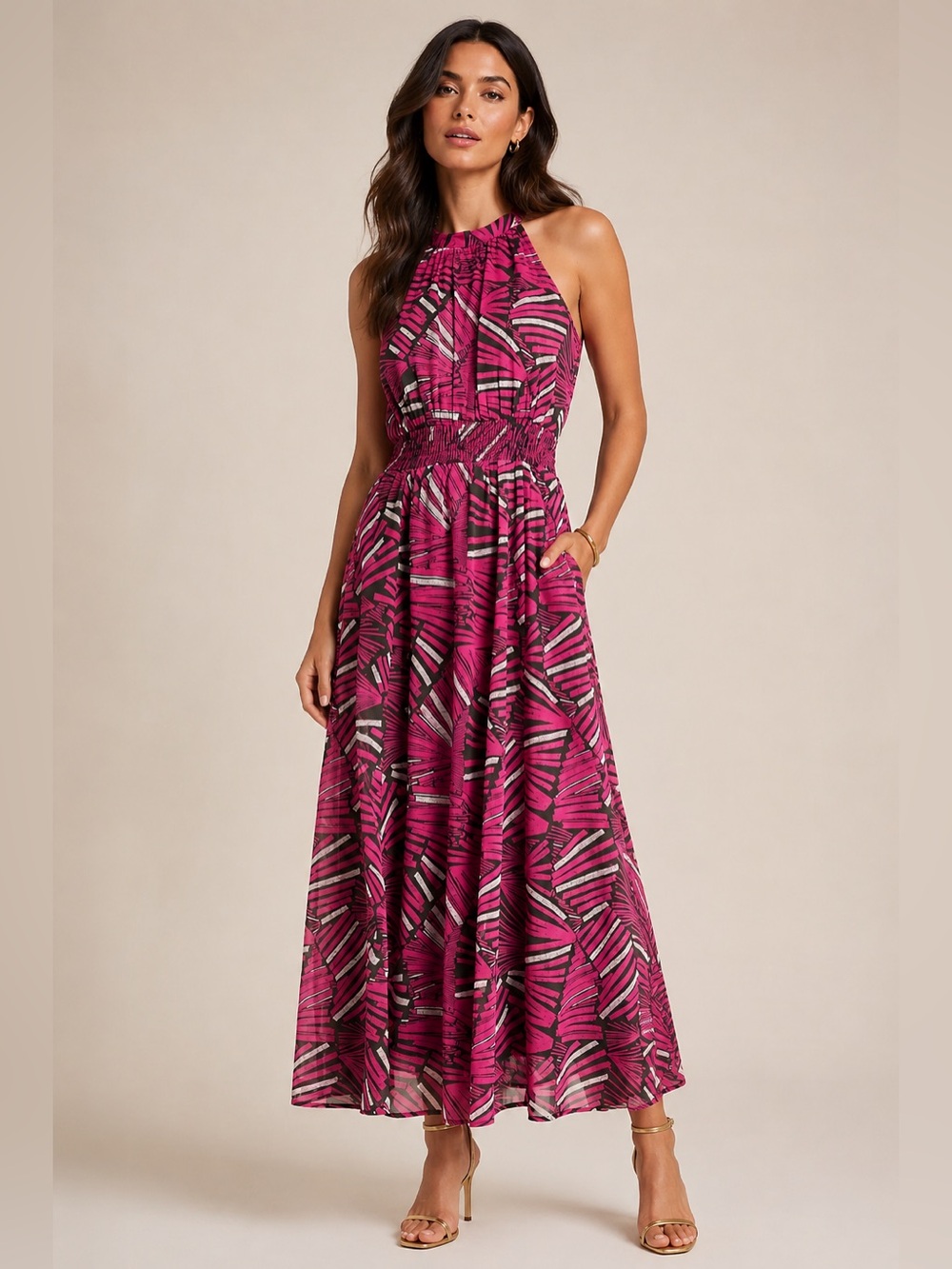 Anthropologie Fuchsia Halter-Top Abstract-Print Maxi Dress